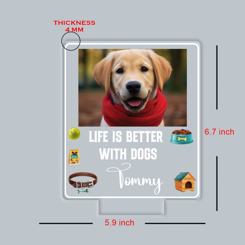 Personalized Dog Photo LED Night Lamp with Custom with Photo & Name, Life is Better with Dogs Quote, Color Changing Acrylic Light with Black Base Gift for Dog Lovers